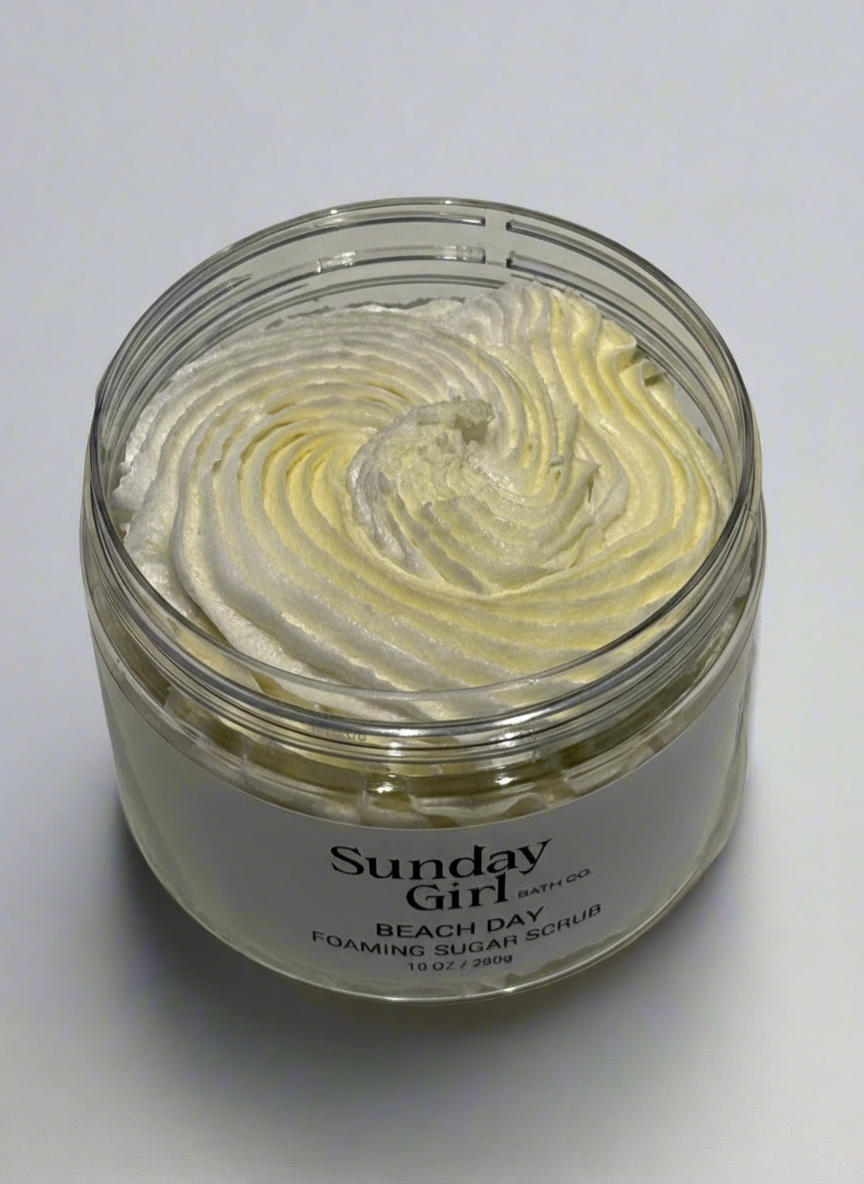 Jar of Sunday Girl Beach Day Foaming Sugar Scrub on a light gray background
