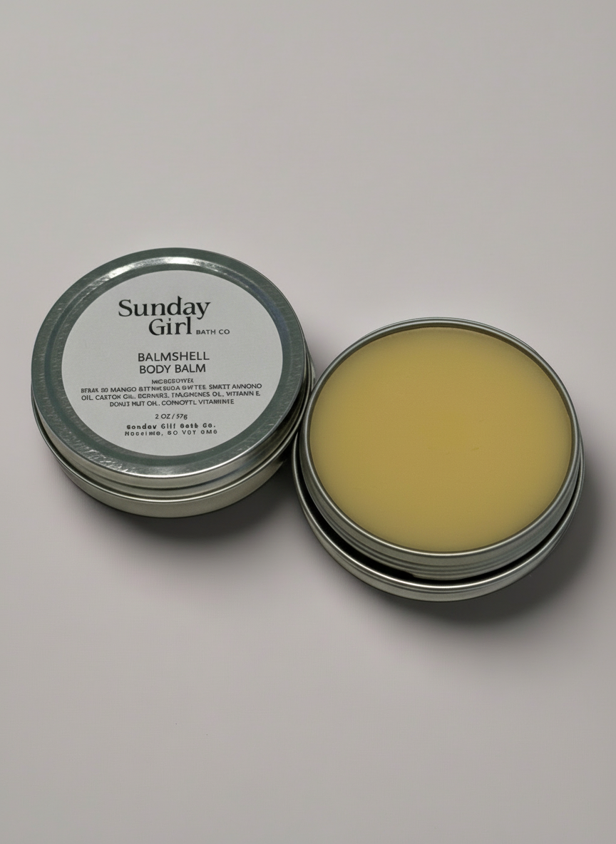 Open tin of Sunday Girl BalmShell Body Balm on a light gray background