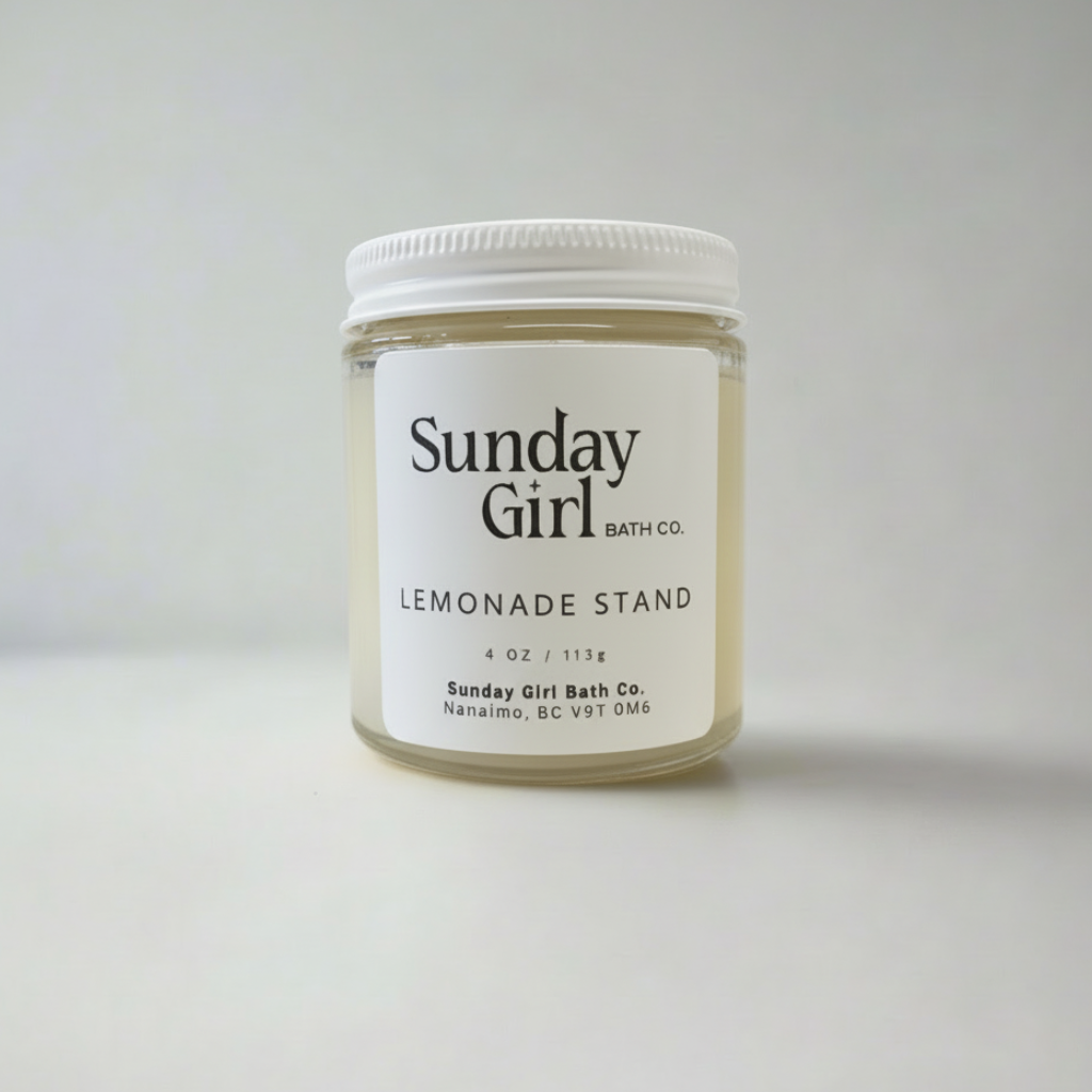 Jar of 'Lemonade Stand' candle by Sunday Girl Bath Co on a white background