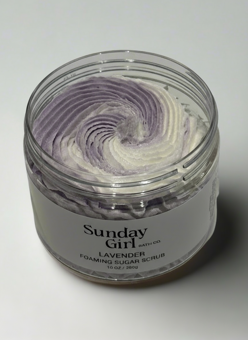 Jar of Sunday Girl Lavender Foaming Sugar Scrub on a light gray background