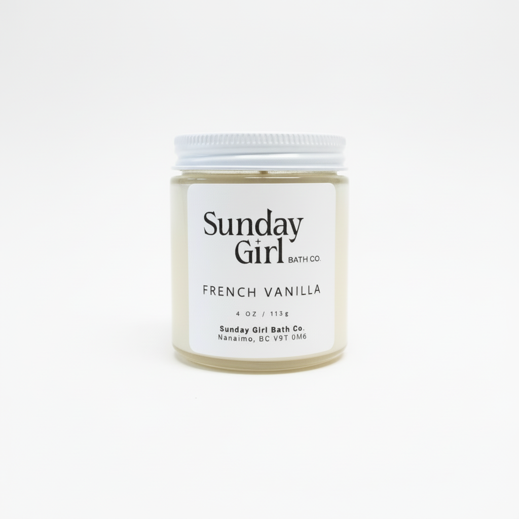 Candle jar labeled 'Sunday Girl Bath Co. French Vanilla' on a plain background