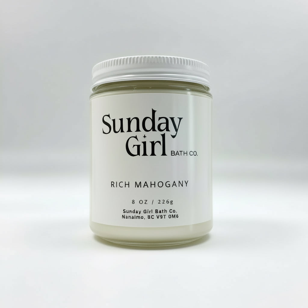 Jar of 'Rich Mahogany' by Sunday Girl Bath Co. on a white background